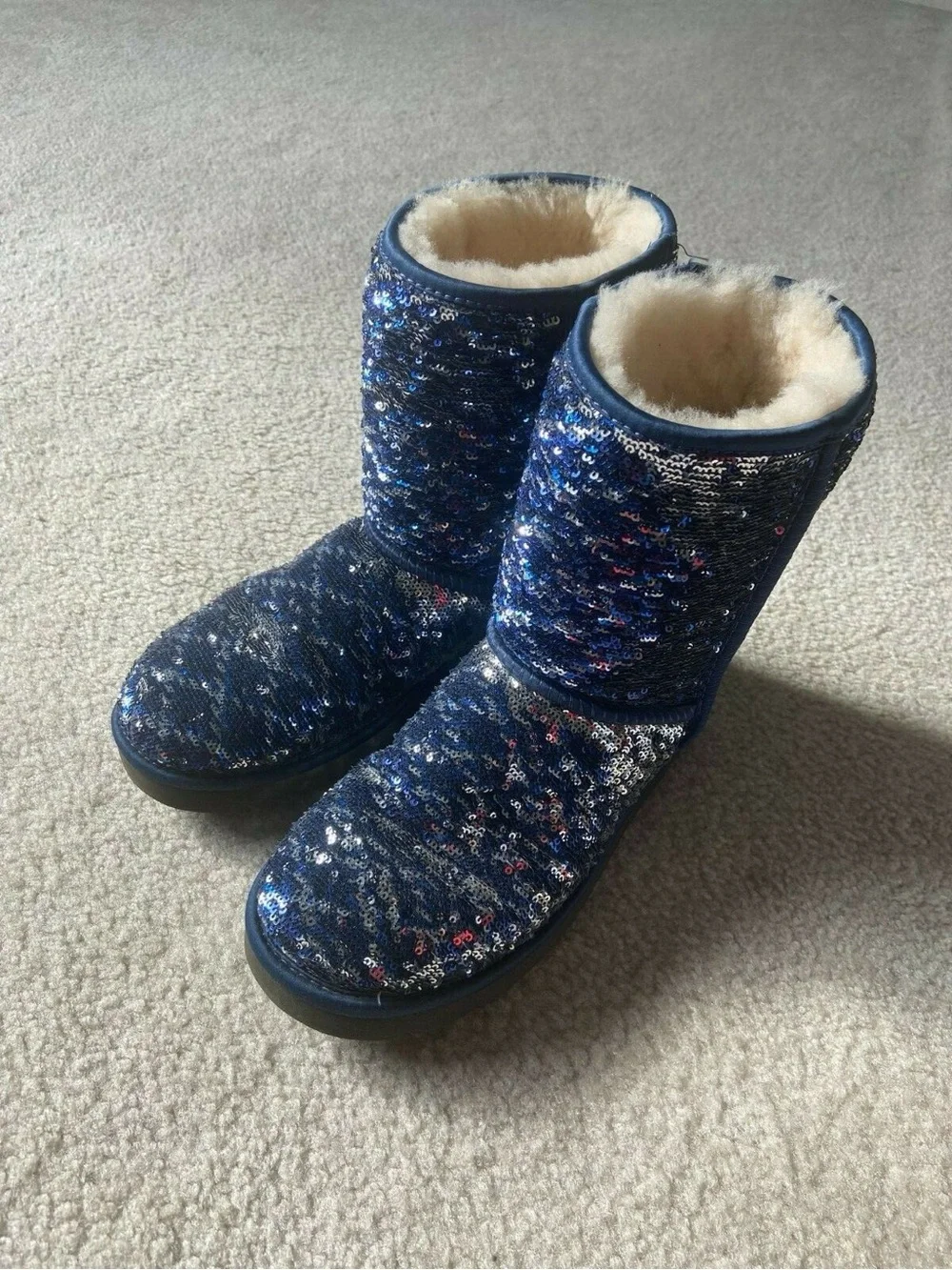 UGG Sequin Classic Short Boots in Blue and Silver